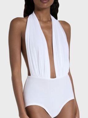 Norma Kamali Mio Bodysuit Cross Halter White L NWT